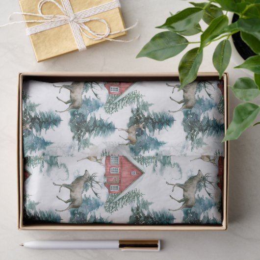 Hüttenwälder mit Hirschen und Schneebäumen Seidenpapier (Geschenk)