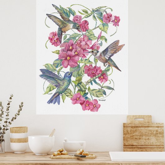 HÜTTERVÖGEL MIT PINKEN-BLUME POSTER (Küche)