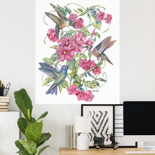 HÜTTERVÖGEL MIT PINKEN-BLUME POSTER (Heimbüro)