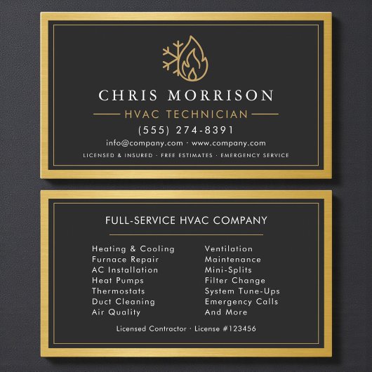 HVAC Heating Cooling Technician Gold Metallic Visitenkarte