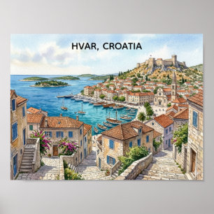 Hvar Kroatien Aquarell Panorama Ansicht Reise Poster
