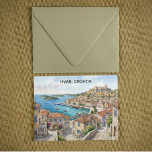 Hvar Kroatien Aquarell Panorama Ansicht Reise Postkarte