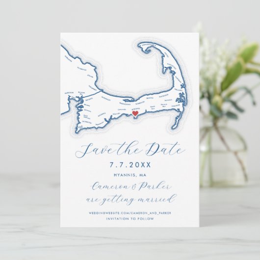 Hyannis MA Cape Cod Map Navy Blue Wedding Save The Date (Stehend Vorderseite)