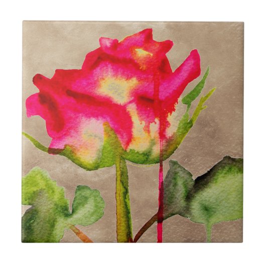 Hybrid Tee Rose Aquarell Moderne Blume Kunst Fliese (Vorderseite)