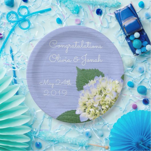 Hydrangea Bloom Blue Wood Grain Wedding Pappteller (Party)