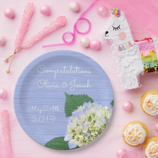 Hydrangea Bloom Blue Wood Grain Wedding Pappteller (Party)