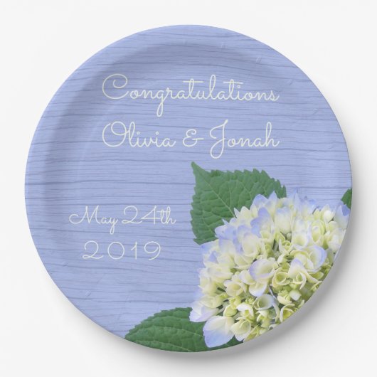 Hydrangea Bloom Blue Wood Grain Wedding Pappteller (Vorderseite)