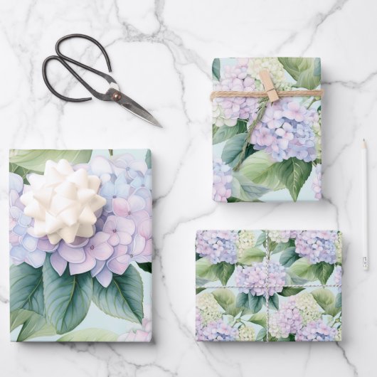 Hydrangea Blossoms Lilac Blauer Creme Blumenmuster Geschenkpapier Set (Vorderseite)