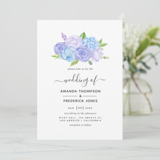 Hydrangea Blue and Light Lavender Wedding Einladung (Stehend Vorderseite)