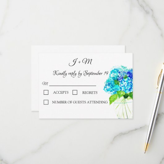 Hydrangea Blue Floral Rustische Blume Moderne UAWG RSVP Karte (Vorderseite/Rückseite Beispiel)