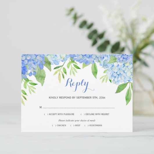 Hydrangea Blue Floral Wedding Meel UAWG Begleitkarte (Stehend Vorderseite)