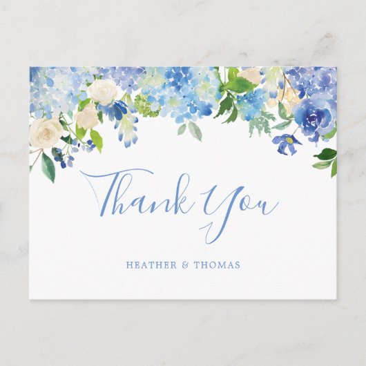 Hydrangea Blue Floral Wedding Vielen Dank Postkarte (Vorderseite)