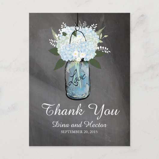 Hydrangea Blue Mason Jar Chalkboard | Vielen Dank Postkarte (Vorderseite)