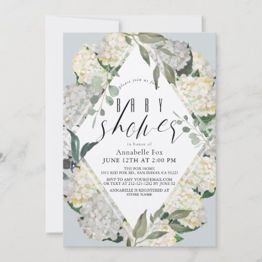 Hydrangea Blue Rhonbus Baby Dusche Einladung (Vorderseite)