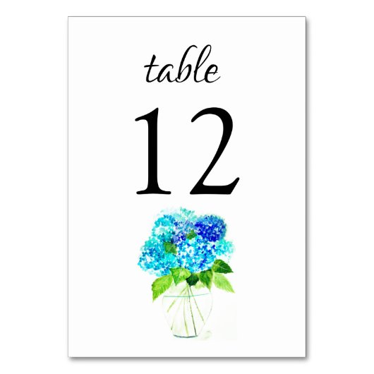 Hydrangea Blue Watercolor Floral Wedding Tischnummer (Vorderseite)