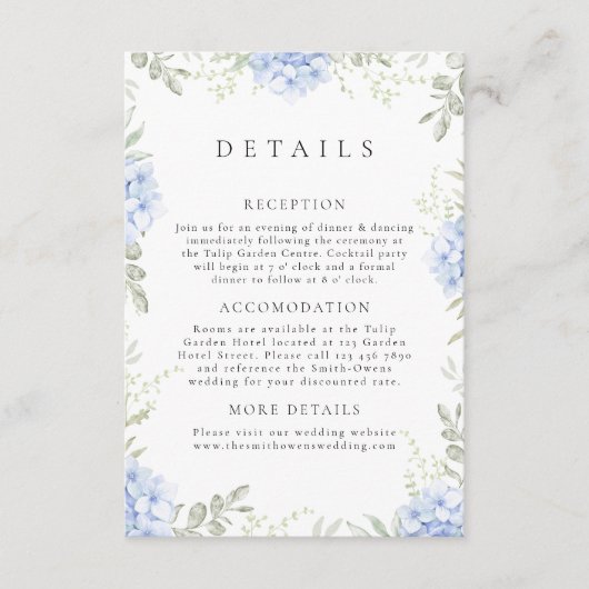Hydrangea Blue Wedding Details Enclosure Card Begleitkarte (Vorderseite)