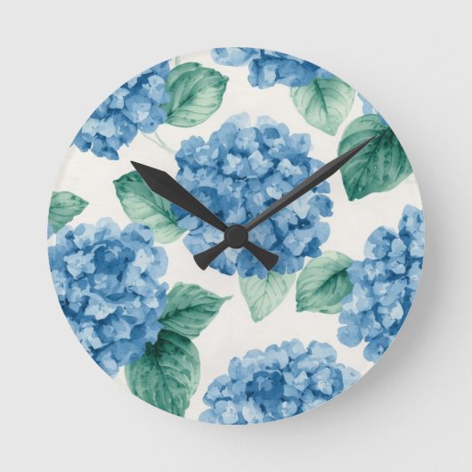 Hydrangea Blues Floral Watercolor Botanical Blooms Runde Wanduhr (Vorderseite)