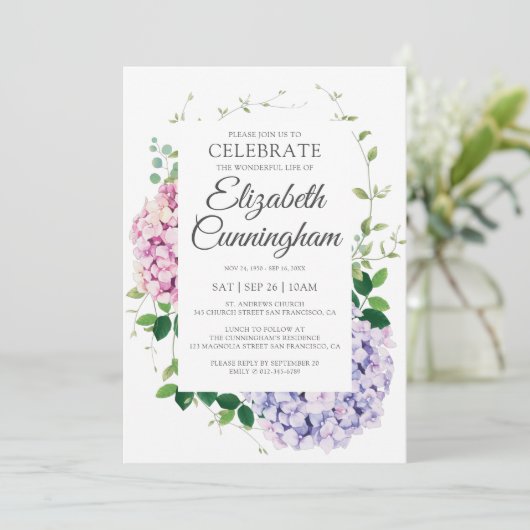 Hydrangea-Blume Foliage Woodsy Modernes Gedächtnis Einladung (Stehend Vorderseite)