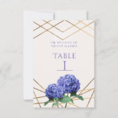 Hydrangea-Blume & Gold-Hochzeitskarte Tischnummer (Vorderseite)
