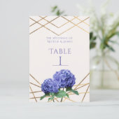 Hydrangea-Blume & Gold-Hochzeitskarte Tischnummer (Stehend Vorderseite)