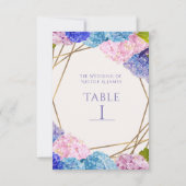 Hydrangea-Blume & Gold-Hochzeitskarte Tischnummer (Vorderseite)