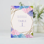 Hydrangea-Blume & Gold-Hochzeitskarte Tischnummer (Stehend Vorderseite)