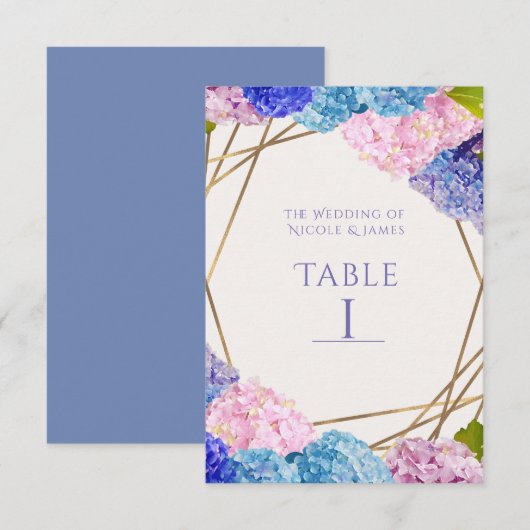 Hydrangea-Blume & Gold-Hochzeitskarte Tischnummer (Vorne/Hinten)