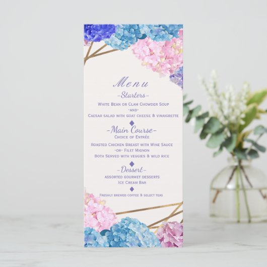 Hydrangea Blume & Gold Spring Wedding Menu Card Menükarte (Stehend Vorderseite)
