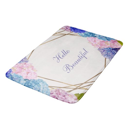 Hydrangea-Blume & Goldene Blütenfeder Badematte (Schrägansicht)