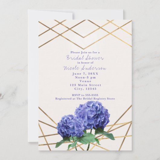 Hydrangea Blume & Goldenen Linien Elegante Einladu Einladung (Vorderseite)