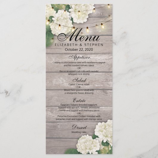 Hydrangea-Blume mit Hochzeitmenü-Leuchten Menükarte (Vorderseite)