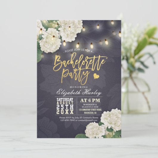Hydrangea Blume String Lights Junggeselinnen-Absch Einladung (Stehend Vorderseite)