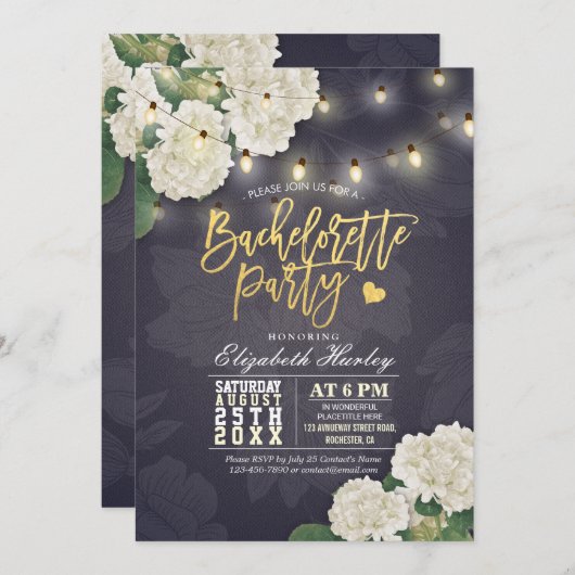 Hydrangea Blume String Lights Junggeselinnen-Absch Einladung (Vorne/Hinten)