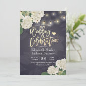 Hydrangea Blume String Lights Navy Blue Wedding Einladung (Stehend Vorderseite)