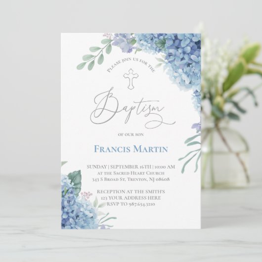 Hydrangea Blume Taufe Einladung (Stehend Vorderseite)