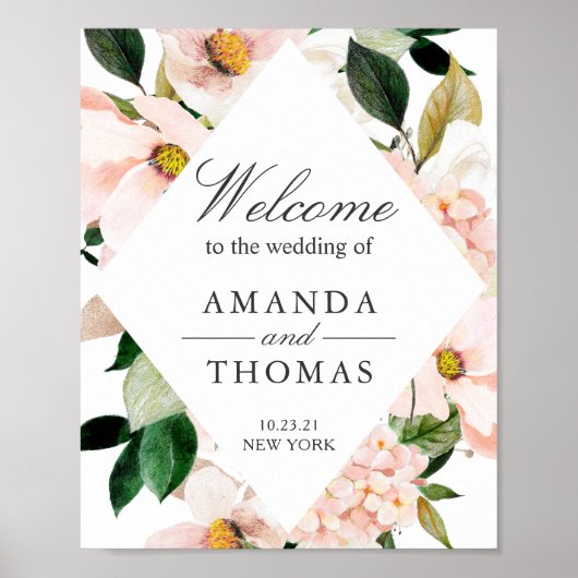 Hydrangea Blush Pink Floral Wedding Willkommenszei Poster (Vorne)
