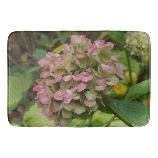 Hydrangea Blüte im Herbst mit Golden Hosta Blätter Badematte (Vorderseite)