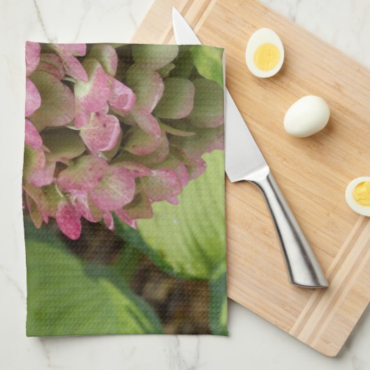 Hydrangea Blüte im Herbst mit Golden Hosta Blätter Geschirrtuch (Viertel Falte)