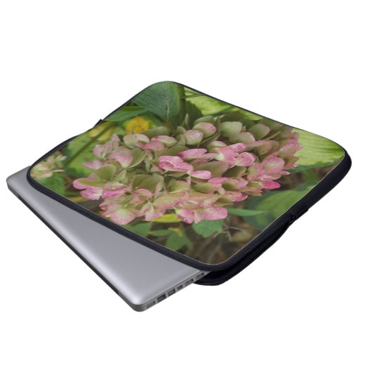 Hydrangea Blüte im Herbst mit Golden Hosta Blätter Laptopschutzhülle (Vorne Knopf)