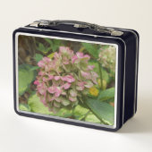 Hydrangea Blüte im Herbst mit Golden Hosta Blätter Metall Brotdose (Rückseite)