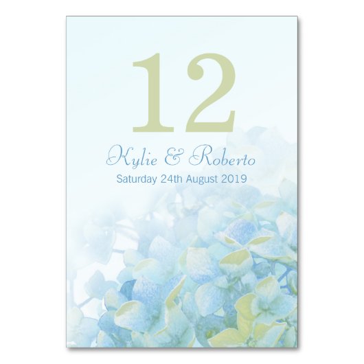 Hydrangea Blütenblau grüne Hochzeitsfeiern Tischnu Tischnummer (Vorderseite)