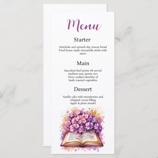Hydrangea Book Theme Menu Card Menükarte (Vorne/Hinten)
