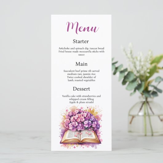 Hydrangea Book Theme Menu Card Menükarte (Stehend Vorderseite)
