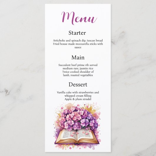 Hydrangea Book Theme Menu Card Menükarte (Vorderseite)