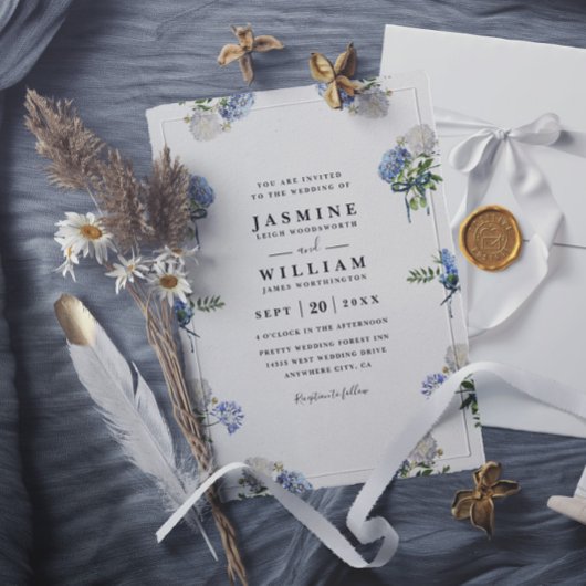 Hydrangea Bouquet Blue Elegant QR Code Wedding Einladung