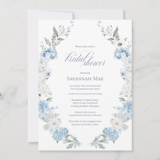 Hydrangea Bridal Dusche Einladung | Blau (Vorderseite)