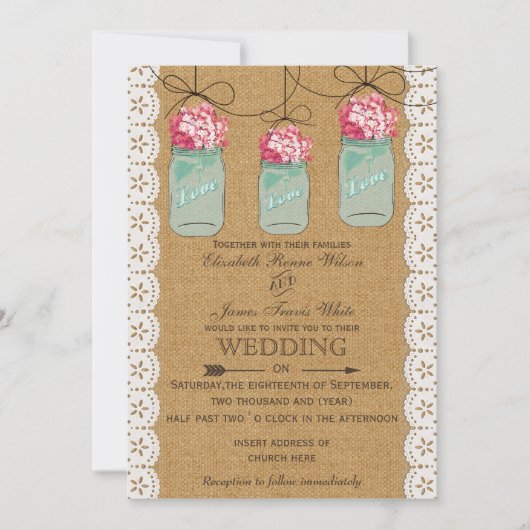 Hydrangea-Burlap Rustikale Maurerjar Hochzeit Einladung (Vorderseite)