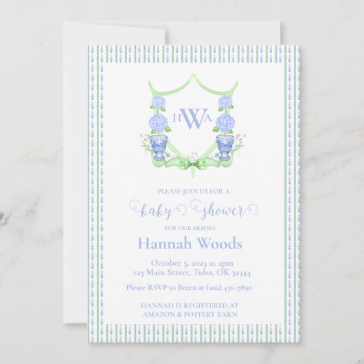Hydrangea Chinoiserie Topiary Monogram Babydusche Einladung (Vorderseite)