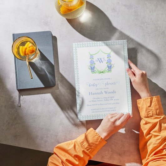 Hydrangea Chinoiserie Topiary Monogram Babydusche Einladung