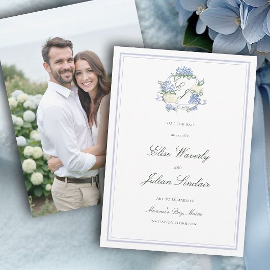 Hydrangea Crest Formal Blue Coastal Photo Wedding Save The Date